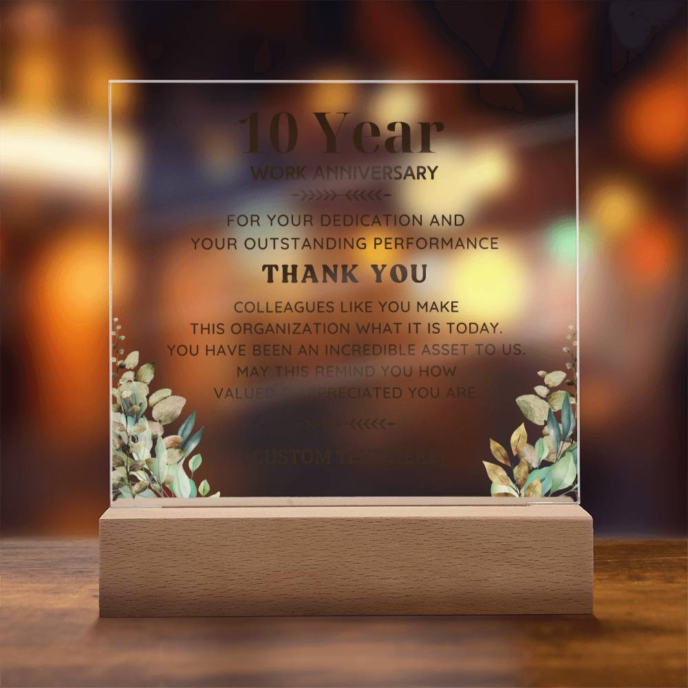 10 YEAR Work Acrylic Plaque with LED Lamp Option