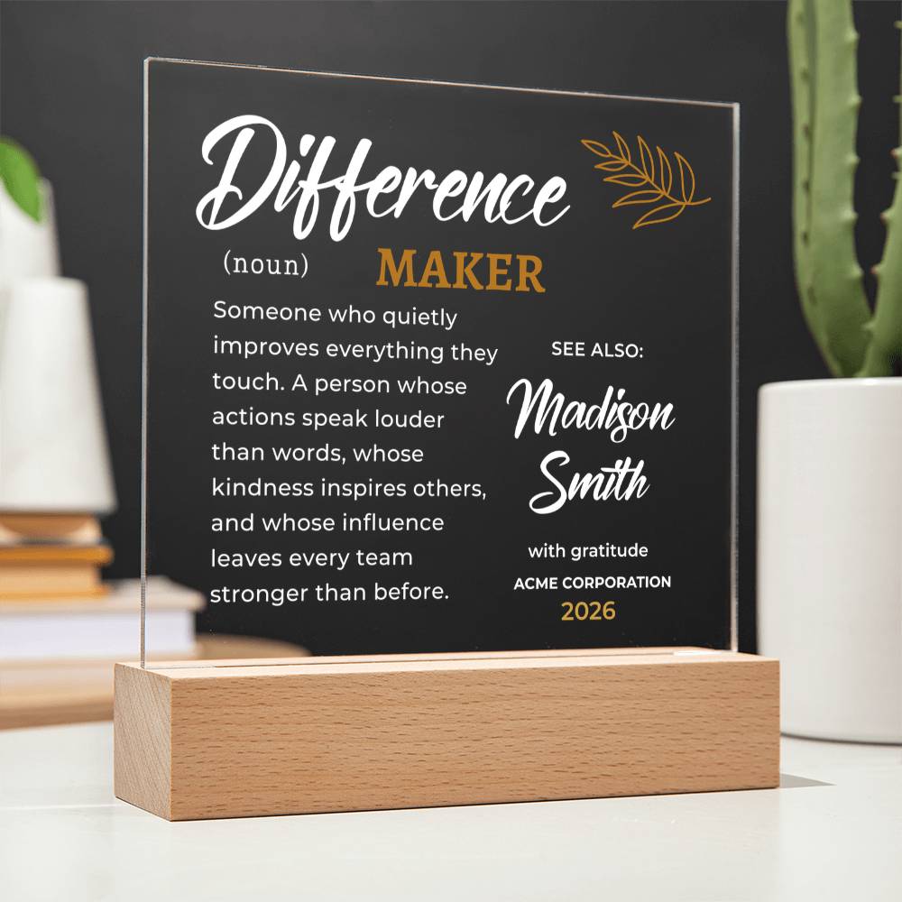 Difference Maker Personalized Gift for Employee, Impact Creator Award Plaque, Corporate Appreciation, Executive Leader Recognition