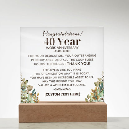 40 YEAR Work Acrylic Plaque with LED  Light Option