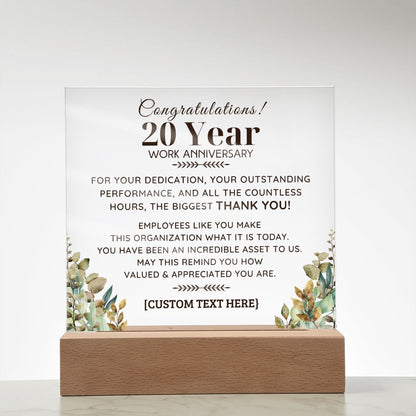 20 YEAR Work Acrylic Plaque with LED  Light Option