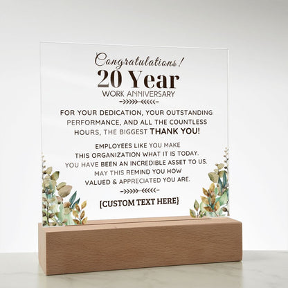 20 YEAR Work Acrylic Plaque with LED  Light Option