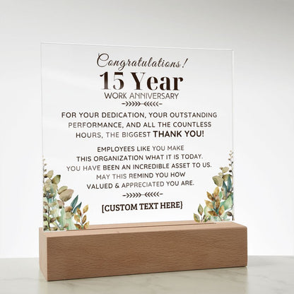 15 YEAR Work Acrylic Plaque with LED  Light Option