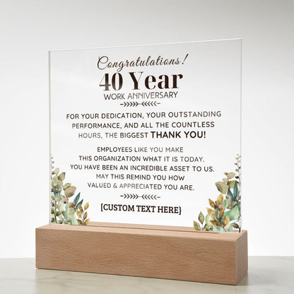 40 YEAR Work Acrylic Plaque with LED  Light Option