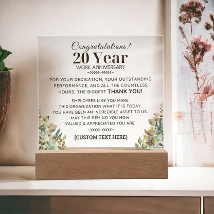20 YEAR Work Acrylic Plaque with LED  Light Option
