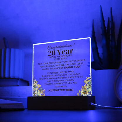 20 YEAR Work Acrylic Plaque with LED  Light Option