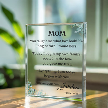 Mother of Groom Rooted Copy adult eyes Personalized Mother's Day Gift, Printed Acrylic Block Keepsake with Message, Floral Custom Plaque for Mom, Birthday wedding Gift